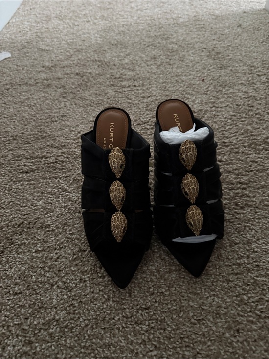 Kurt Geiger Shoes - Kurt Geiger Black Pointed Mule Slides with Gold Medallion Accents